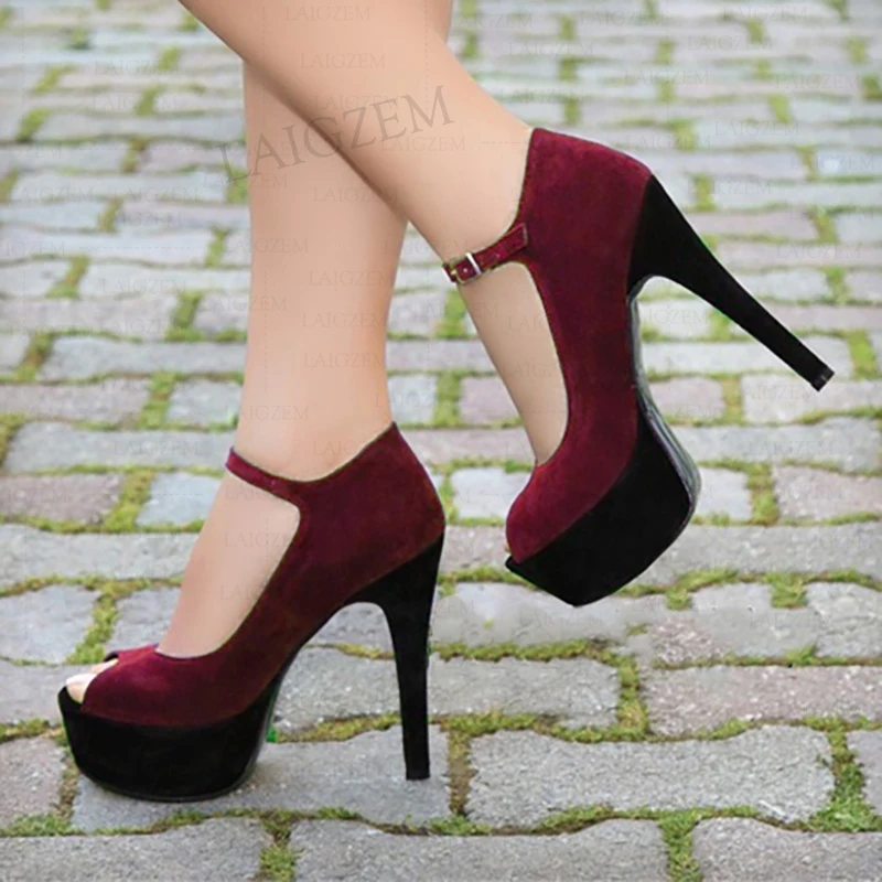 SEIIHEM Women Platform Pumps Peep Toe Faux Suede Thin High Heeled Sandals Prom Party Ladies Shoes Woman Plus Size 41 43 45 50 52
