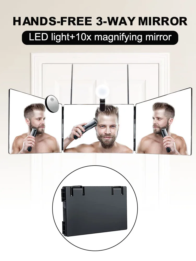 

Home 3-Way Mirror for Self Hair Cutting 360 Degrees Foldable Mirror with USB Rechargeable LED Light & 10x Magnifier for Makeup