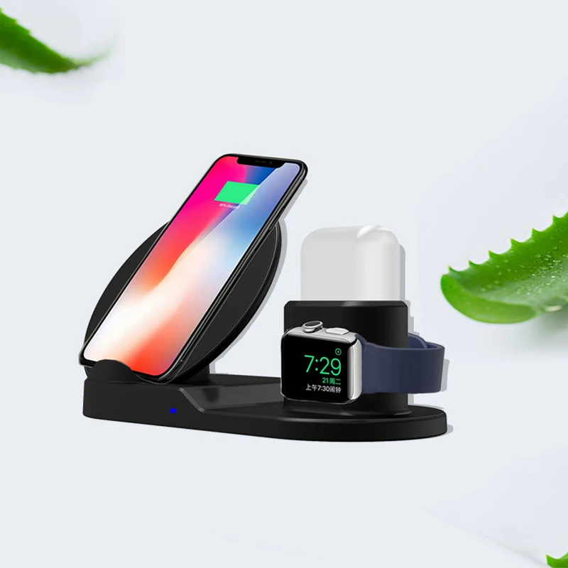 Беспроводная зарядная подставка 3 в 1 для iWatch 4 AirPods док-станция Qi 10 Вт быстрое
