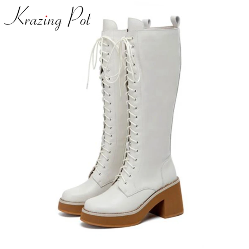 

krazing pot cow leather round toe platform long riding boots model runway show cross-tied winter mixed color knee-high boots l05