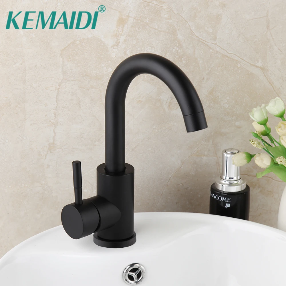 

KEMAIDI Matte Black Bathroom Basin Sink Faucet Hot & Cold Water Mixer Tap Solid Brass 1 Handle Deck Monuted Basin Sink Faucet