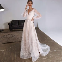 vintage champagne wedding dress for bride long sleeve floor length a line bridal gown 2022 v neck zip back robe de mariee femme