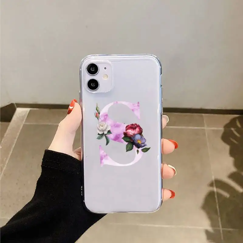 

Cute Letters flower marble pink Phone Case Transparent for iPhone 6 7 8 11 12 s mini pro X XS XR MAX Plus