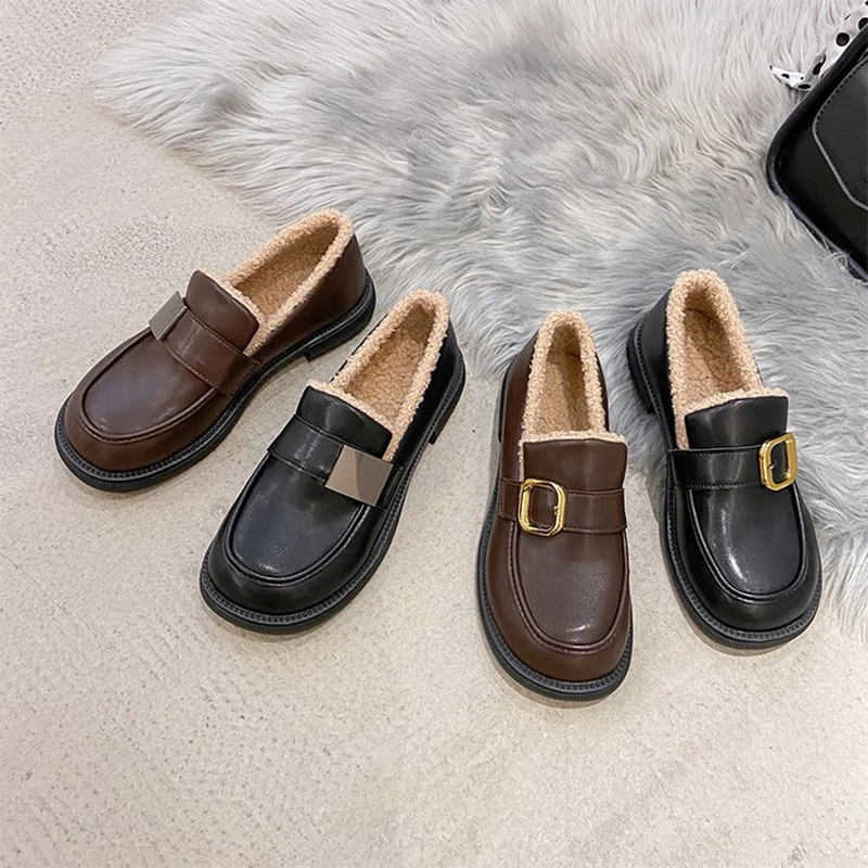 Winter Shoes Female British Style 2021 New Thick-soled College Style Casual Loafers Genuine Plush Fashion Shoes Girls New