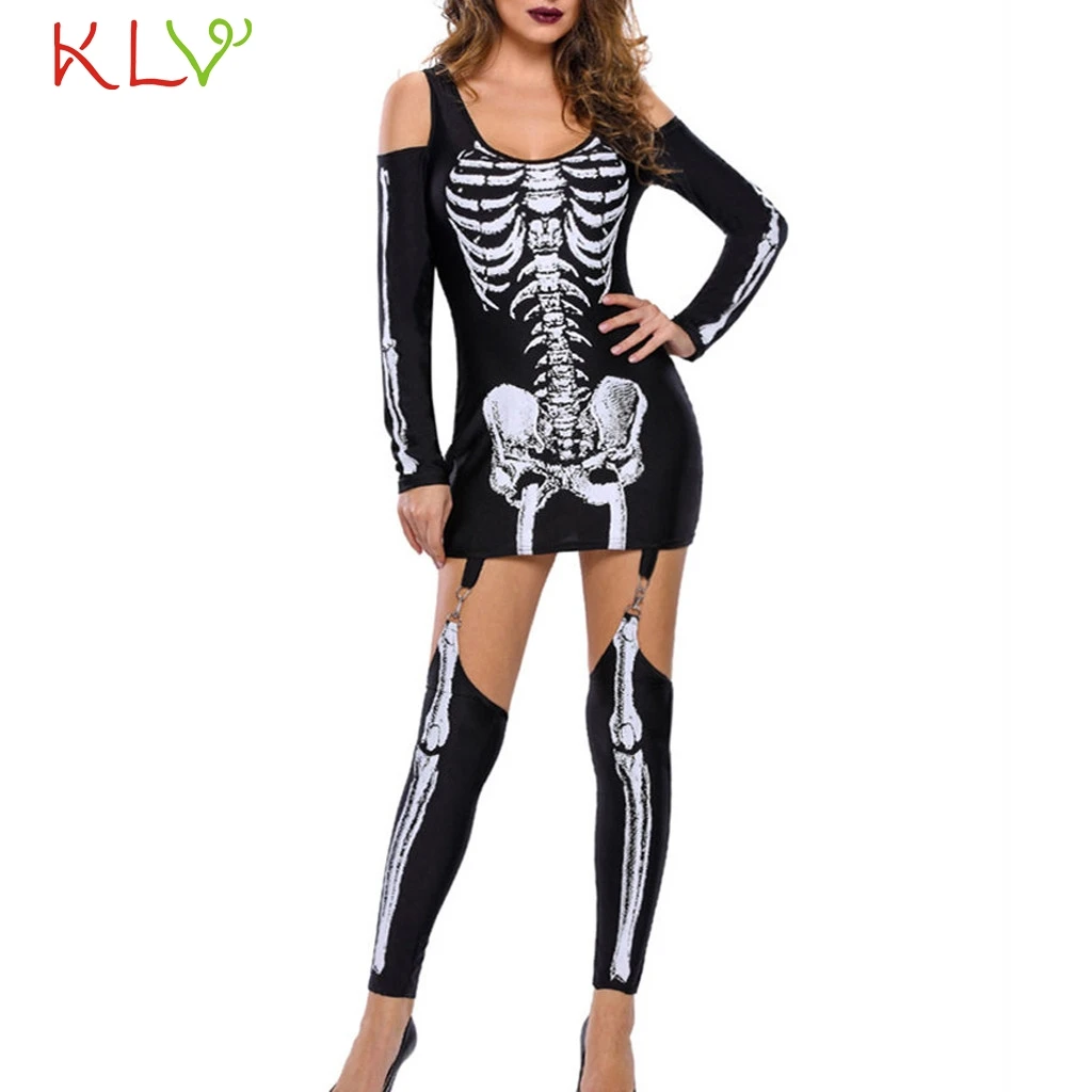 Женское платье костюмы на Хэллоуин скелет панк облегающее костюм для подвижных