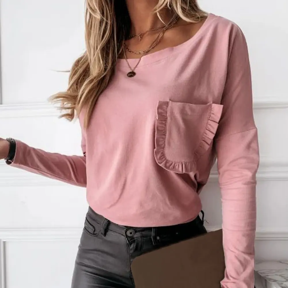 Модная футболка с оборками Женский Топ сезон осень-зима 2020 кружевная карманами и