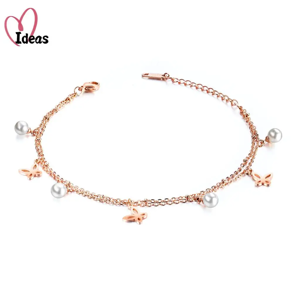 

New Arrival Pearl & Butterfly Lovely Double Layer Anklet For Women Barefoot Bracelet Anklets Foot Boho Jewelry Best Friend Gift
