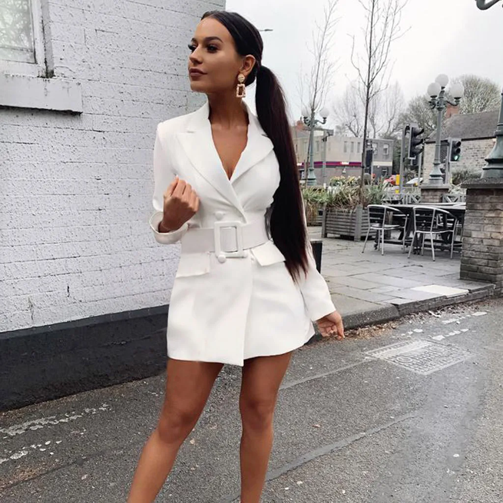 Camsgend уличный стиль Модный Тонкий Длинный блейзер с поясом для женщин Элегантный