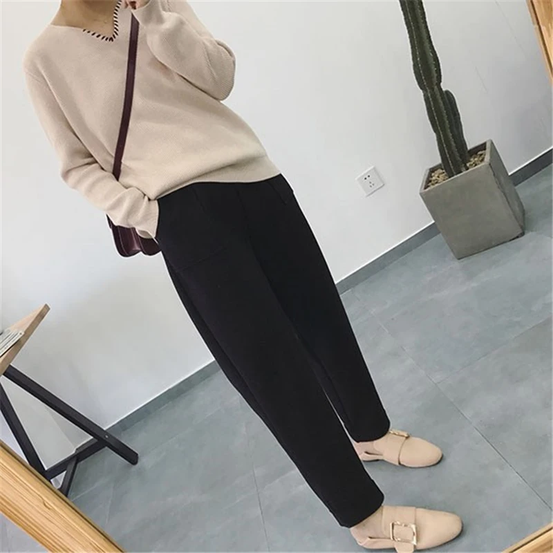 BGTEEVER Autumn Winter Thicken Pants Women Elastic Waist Pockets Woolen Female Pencil Pant Elegant Warm Trousers femme