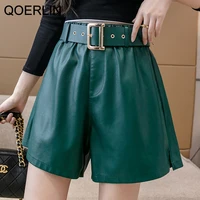 qoerlin chic sashes pu shorts women side pocket green leather shorts high waist white black elastic waist hot shorts streetwear