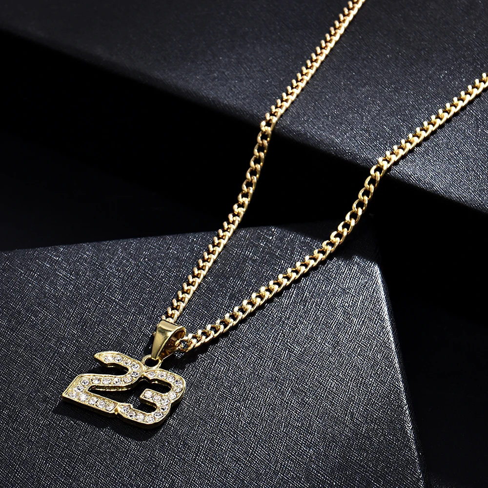 

New Arrival Crystal Hip Hop Basketball Legend Number 23 Necklaces & Pendants Bling Gold Cuban Chain Necklace Jewelry For Men