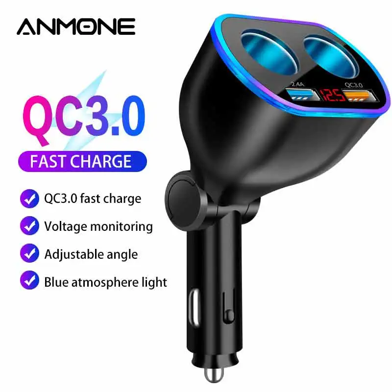 car charger dual usb qc3 quick charge rotation adapter qc 3 0 2 way power socket splitter led display charging for iphone xr xs free global shipping