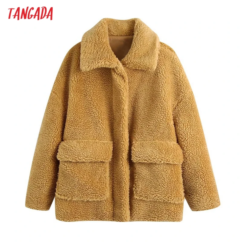 

Tangada Women's Winter Teddy Jacket Loose Long Sleeves Pocket 2021 Ladies Elegant Warm Crop Coat BE729