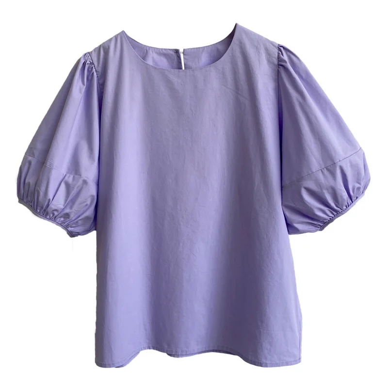 

Be careful with the backless puff sleeve shirt women's short-sleeved 2021 summer new loose wild chic purple shirt top