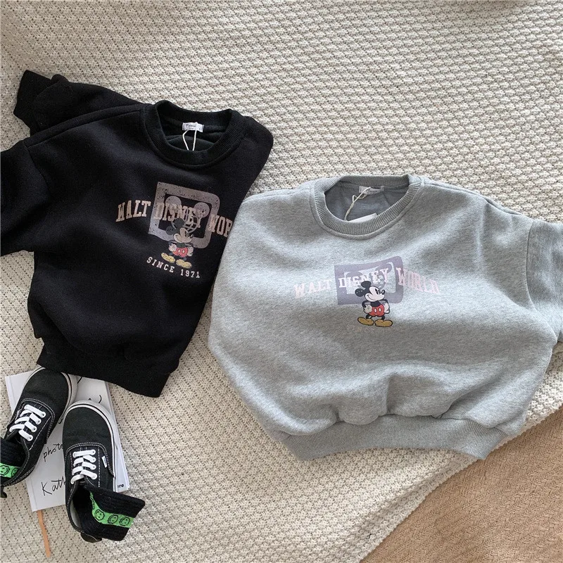 

Double-Layer Hoodie Baby Boys Girls Autumn Winter Tops Velvet Cotton Sweatshirt Disney Mickey Loose-Fitting Korean Style Jacket