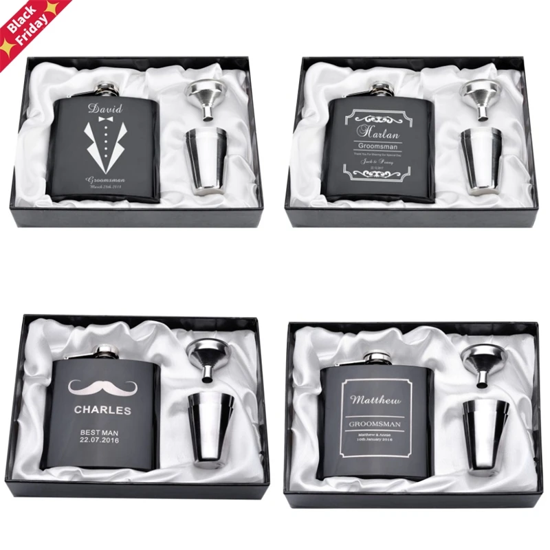 

Personalized Engraved 6oz Hip Flask Set Stainless Steel Funnel Gift Box +2 Cups Bride Groom Best Man Usher Wedding Decor Favor