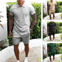 mens casual sports sets summer lapel cotton slim fit men suit short sleeve shorts 2 piece 2021 male solid color tracksuit grey