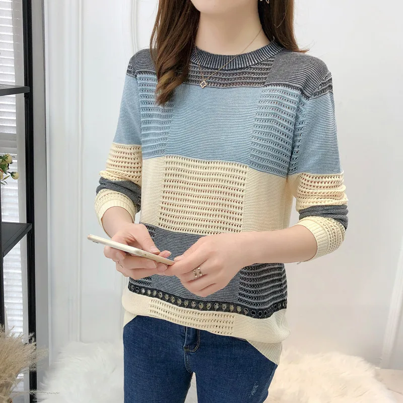 

Весенний женский свитер в стиле Харадзюку, Женский пуловер в Корейском стиле, Свободный Полосатый пуловер с длинными рукавами, разные цвета...