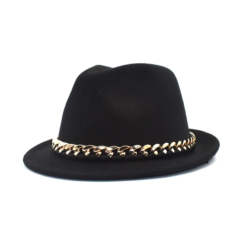 New Autumn Winter Wool Fedoras Hats Women Chain Wide Brim Panama Jazz Hat Men British Vintage Cowboy Hat F114