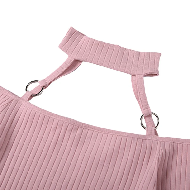 Топы с открытыми плечами хлопковые трикотажные тонкие пуловеры оборками