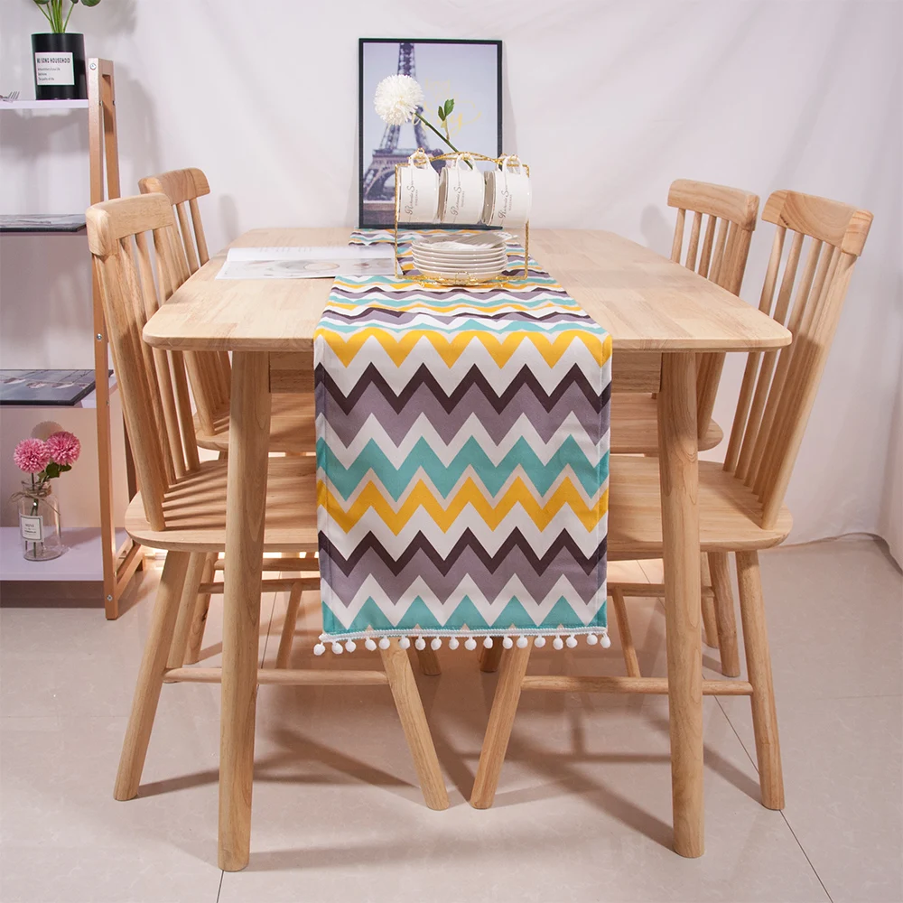 

Thick Soft Polyester Geometrical Waves Printing Light Blue Color Table Runner For Wedding Party Home Banquet Decor Cabinet Cover