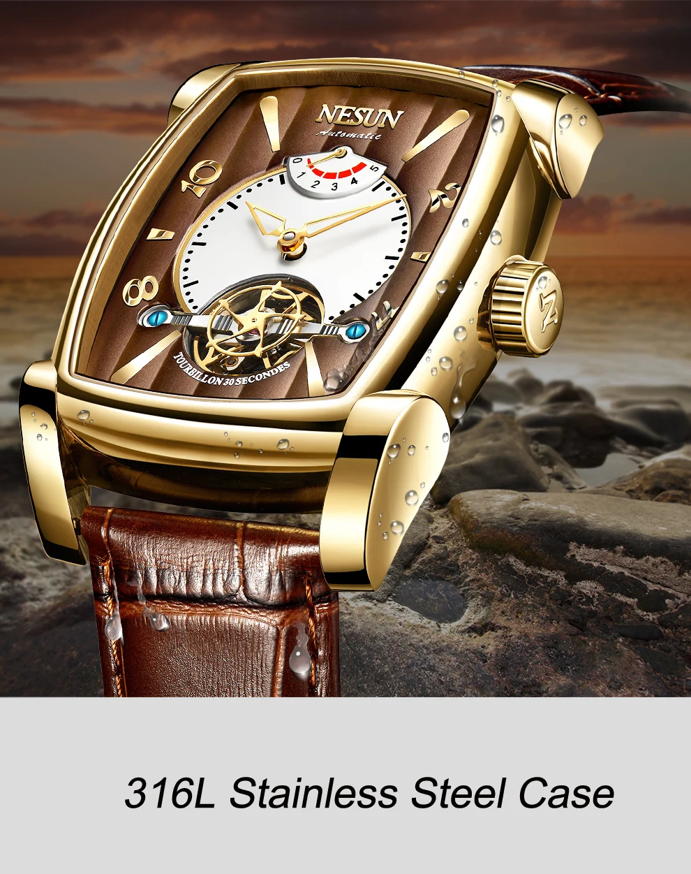 Автоматические механические часы Nesun Tourbillion, часы со скелетом, мужские роскошные Брендовые мужские часы, водонепроницаемые, relogio masculino N9039-3
