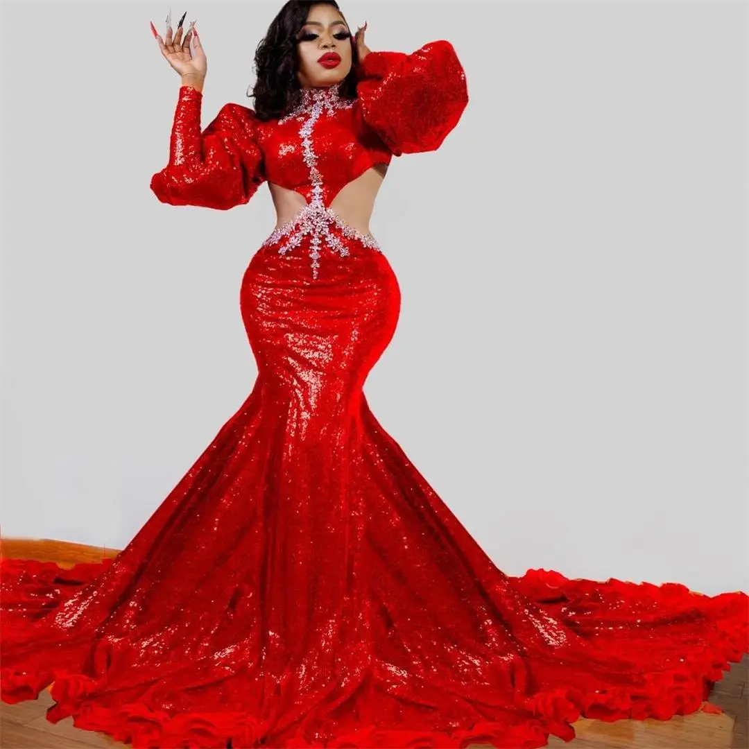 

Fashion Red Mermaid Evening Dresses Cutaway Sides Sexy Prom Dress Party Wear Lace Applique Sequin vestido de novia