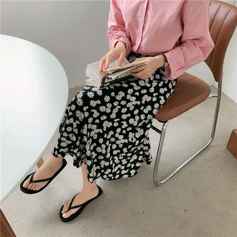 

Hzirip Daisy Printed All Match Vintage 2020 Elastic Waist Women Stylish Chic High Waist Office Lady Sweet Retro Long Skirts