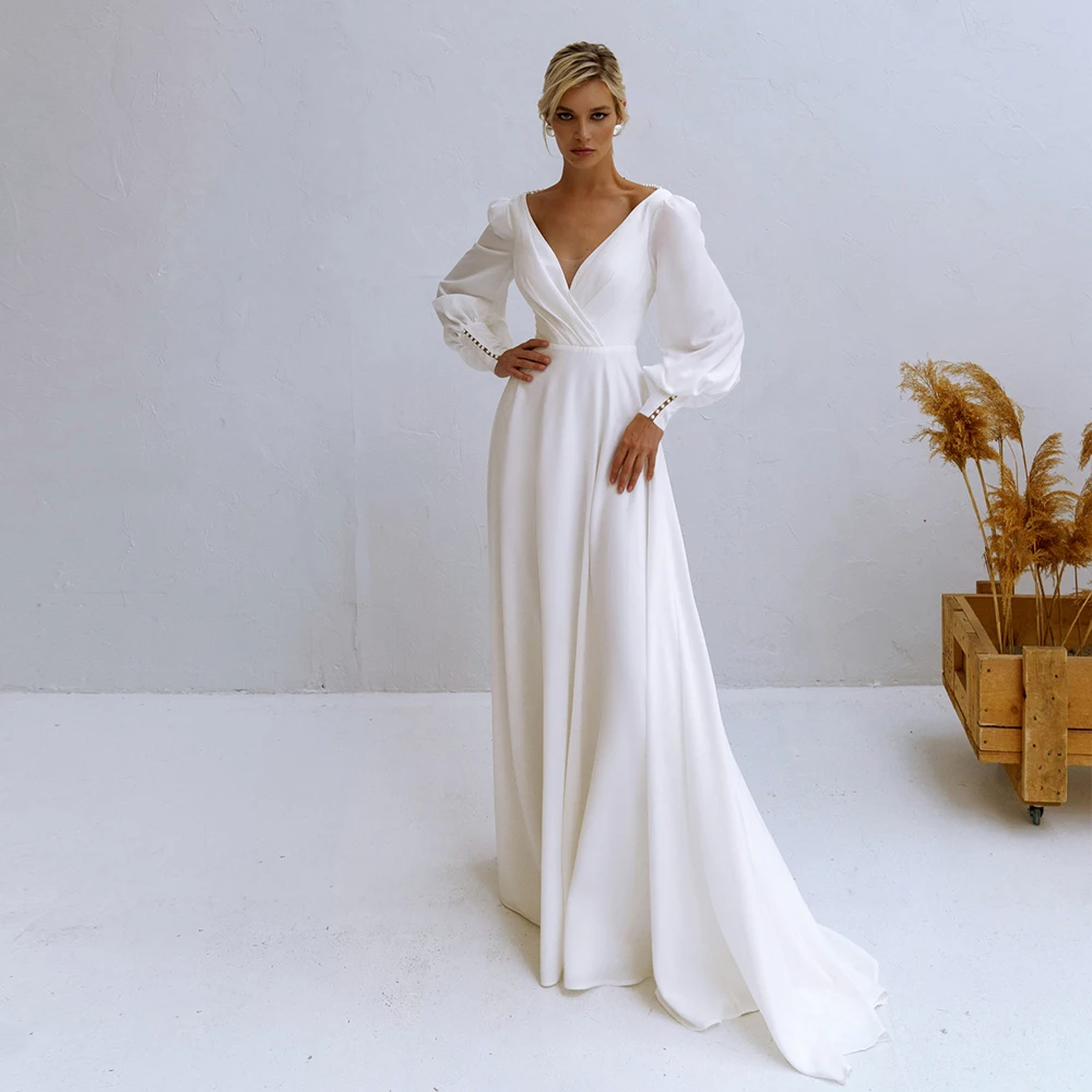 Vintage Puff Sleeves Pleat Wedding Dress For Woman Backless Civil Floor Length Party Gown A Line Plus Size Свадебное платье 2021