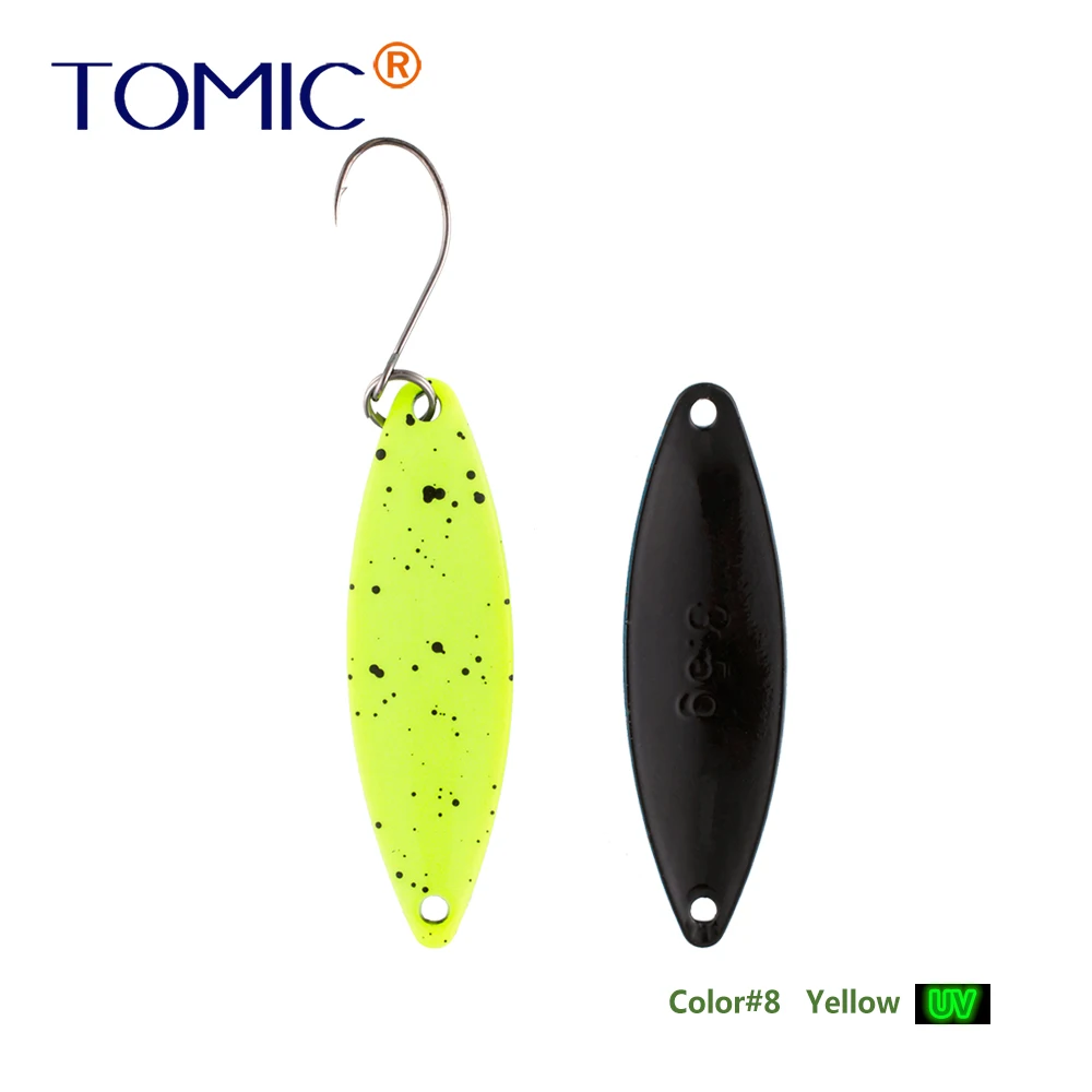 Tomic 1 шт. 1,6 г 2,7 г 3,5 г микро узкие латунные металлические ложки УФ сверкающие цвета окунь форель области один крючок рыболовные приманки Pesca - Цвет: yellow