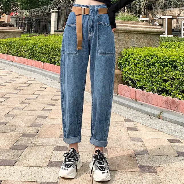 

Smoke grey summer jeans women's high waist thin versatile Harlan pants Korean loose straight students
