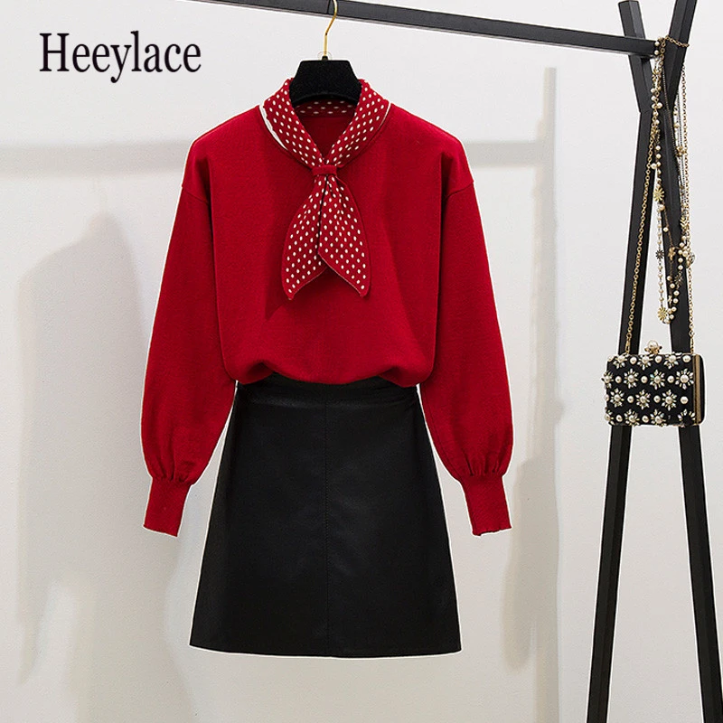 Женский комплект из 2 предметов Вязаный топ и юбка корейский стиль студенческий