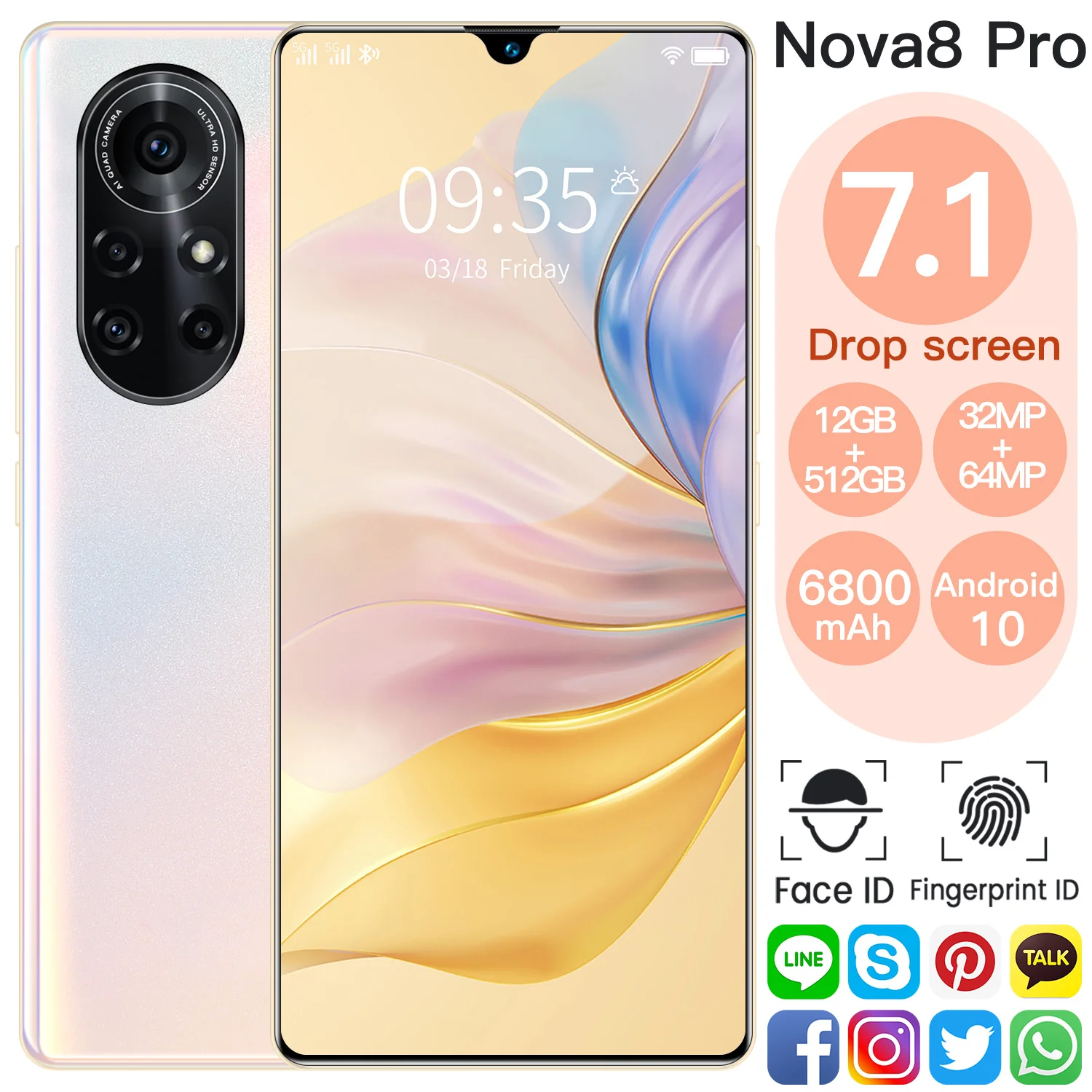 

7.1" Full Screen Huawe Nova8 Pro 32MP+64MP MTK6595 6800mAh 8GB 256GB 10 Core Face ID Global Version Mobile Phone Smartphone 4G5G
