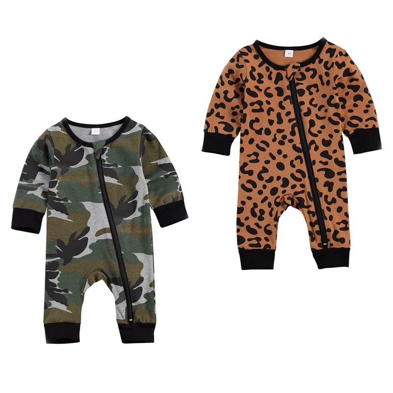 

infant kids full sleeve zipper leopard Camouflage outwear jumpsuits toddler casual overalls newborn sunsuits rompers 0-18M