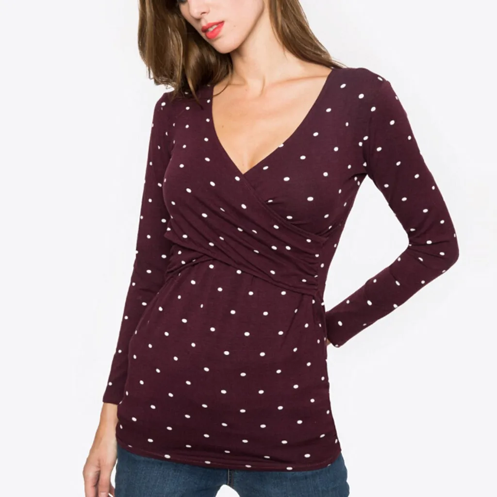 Женская блузка для беременных модная в горошек с длинными рукавами и оборками