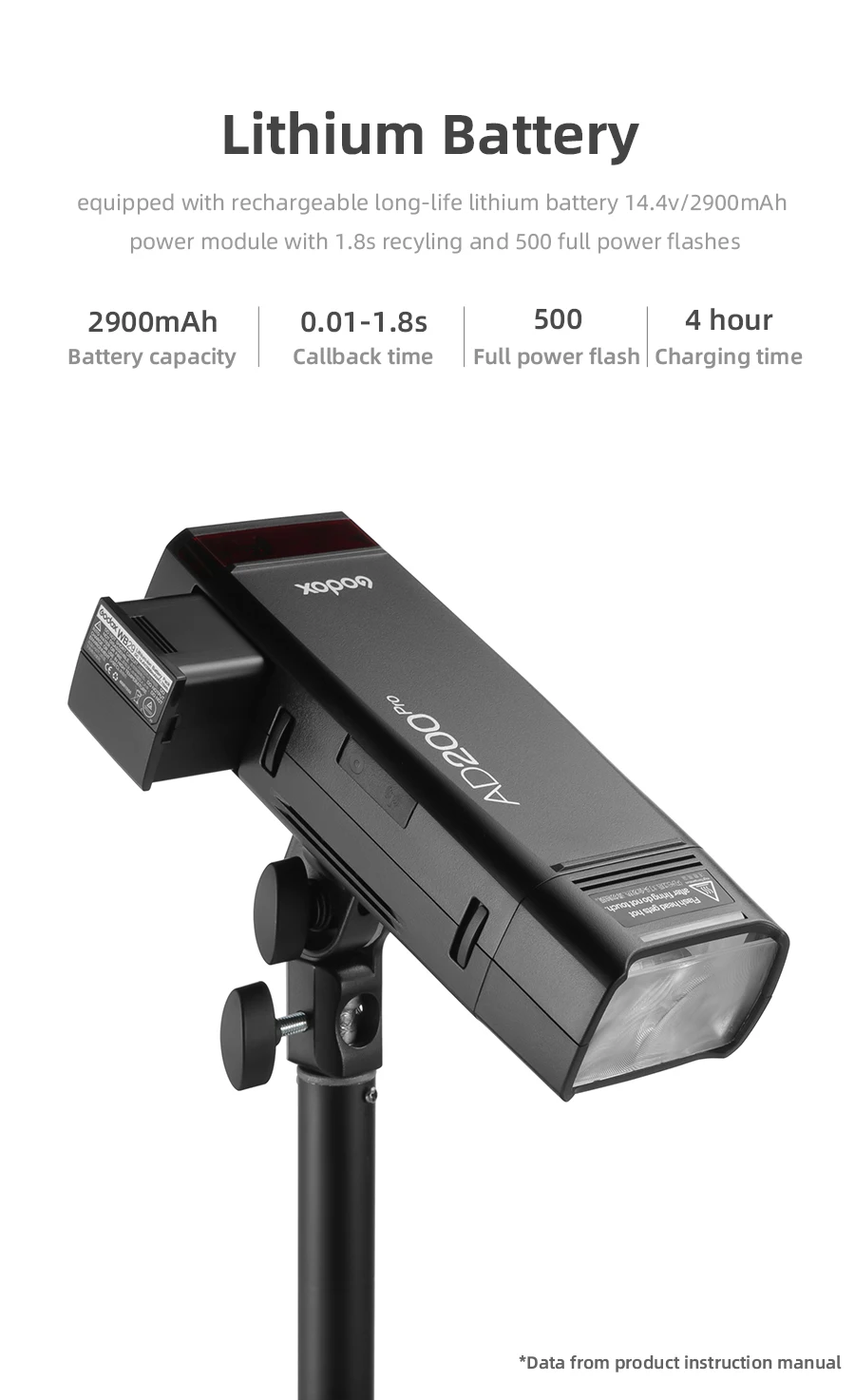 Напольный светильник-вспышка Godox AD200Pro 200Ws ttl 2,4G 1/8000 HSS 0,01-1,8 s с аккумулятором 2900mAh