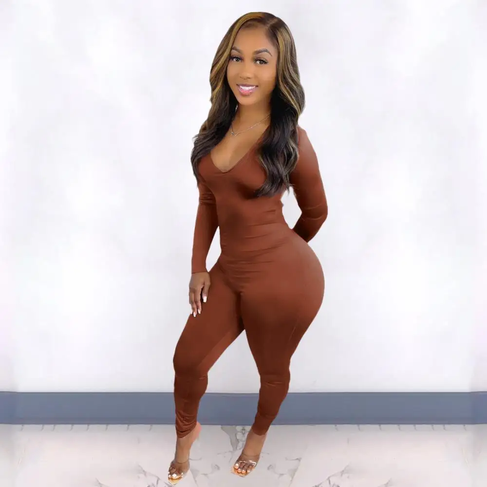 

Autumn Winter Deep V-Neck Sexy Rompers Women's One Piece Overalls Backless Long Sleeve Jumpsuit Back Stretchy Pleated Jumpsuits