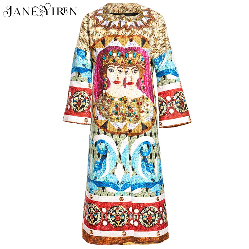 

JanYiren 2021 Autumn Winter Fashion Long Coat Women 3/4 sleeve Luxury Crystal Beading Retro totem Printed Long Outwear Overcoat