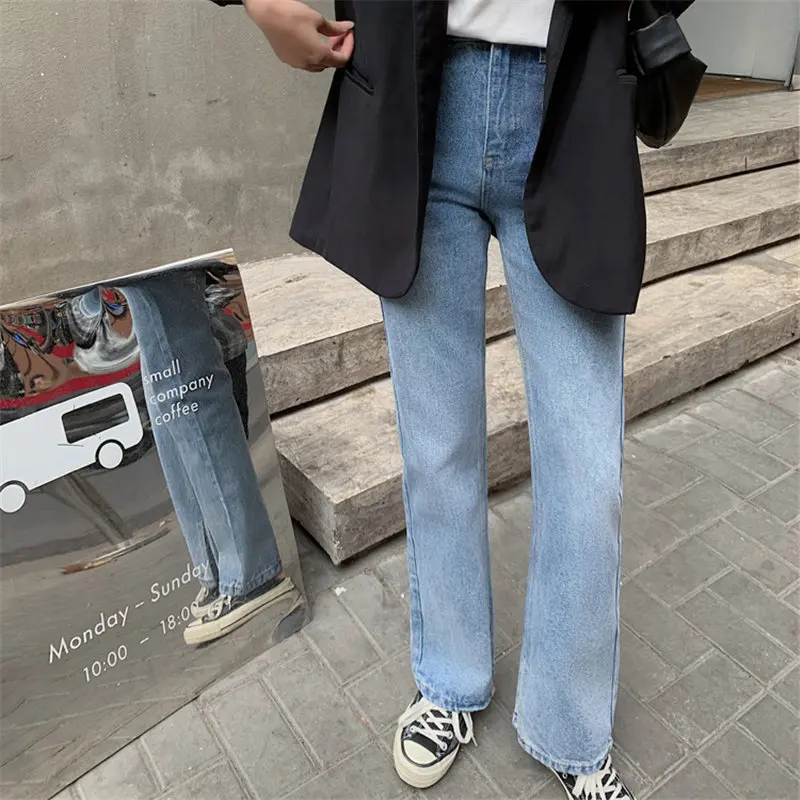 

Blue Loose Jeans Denim Split Pants Hot Plus Size Solid High Waist All Match Streetwear Woman Casual Wide Leg Pants Office Lady