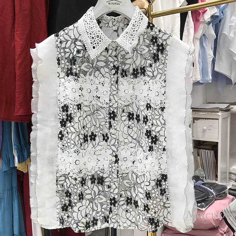 

Lace Blouse Women 2021 Summer Temperament Lace Shirt Sleeveless Pleated Ruffled Hollow Lapel Single-breasted Lady Blusas Top