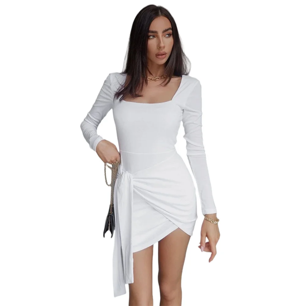 

2021 Ins New Autumn Party Dresses Fashion Square Neck Pleated Bag Hip Skirt Strap Slim Long Sleeve Elegant Dresses for Women