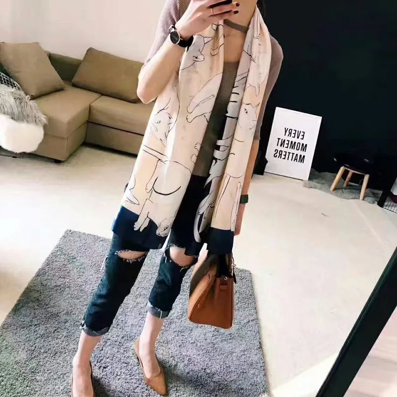 

2021 style China quality silk Autumn and winter women Lovely Printed Cat hijab Popular beach shawls female Party fashion scarves
