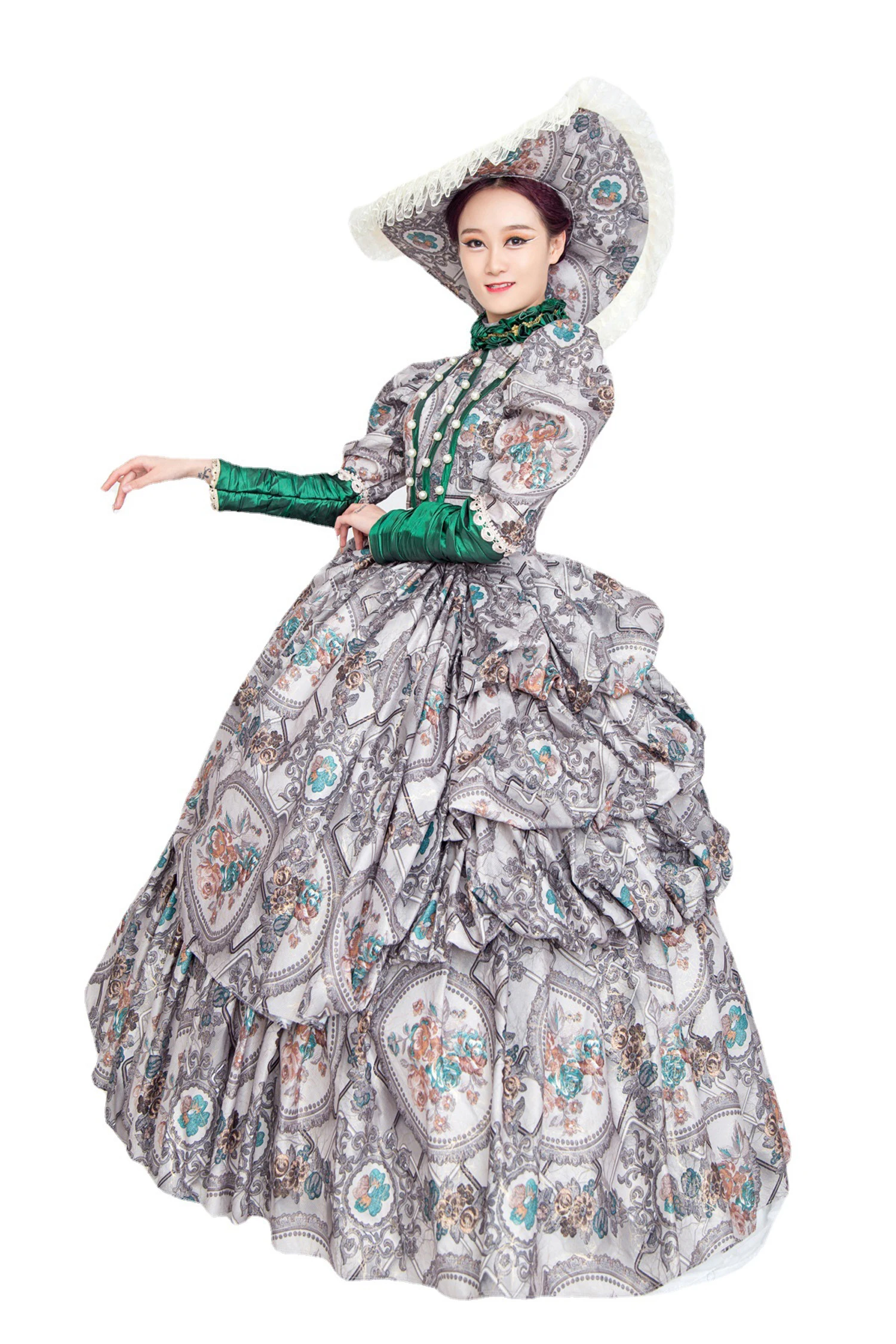 

Womens Lace Marie Antoinette Masked Ball Printing Long Victorian Party Dress Costume