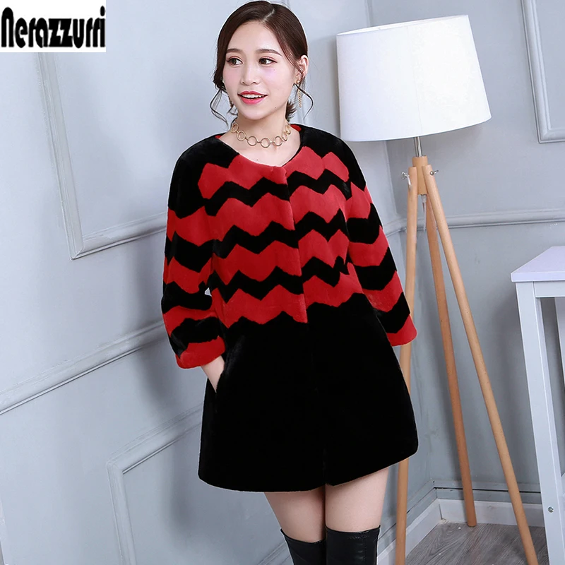 Red and Black Куртка с мехом Зимняя женская шуба искусственная цветная черный и красный контрастный цвет лоскутный мех, верхняя одежда, пушистый мех,шуба из искусственного меха меховая куртка женская полушубок искуственыи эко шуба - Цвет: Red and Black