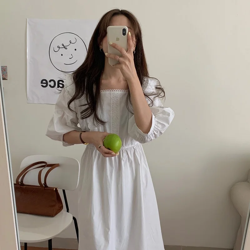 2021 retro French sweet square collar heavy crochet lace stitching five-point sleeve solid color dress three colors | Женская одежда