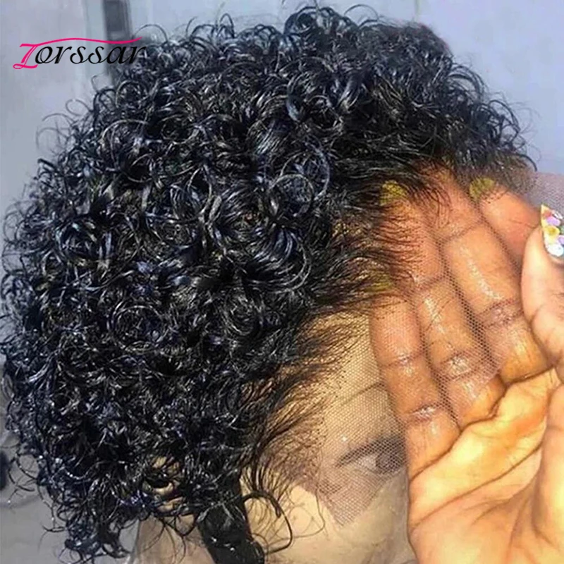 

Short Curly Lace Front Wigs 13x1 Brazilian Water Wave Human Hair Wigs Pixie Cut Transparent Lace Wig for Black Women