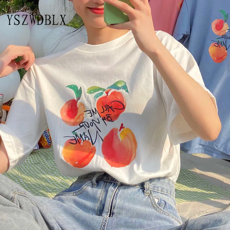 

2021 New Summer T-shirts Print Loose Graphic Tees Women Sweet Korean Students Short Sleeve O-neck Casual T Shirts Cotton Tops