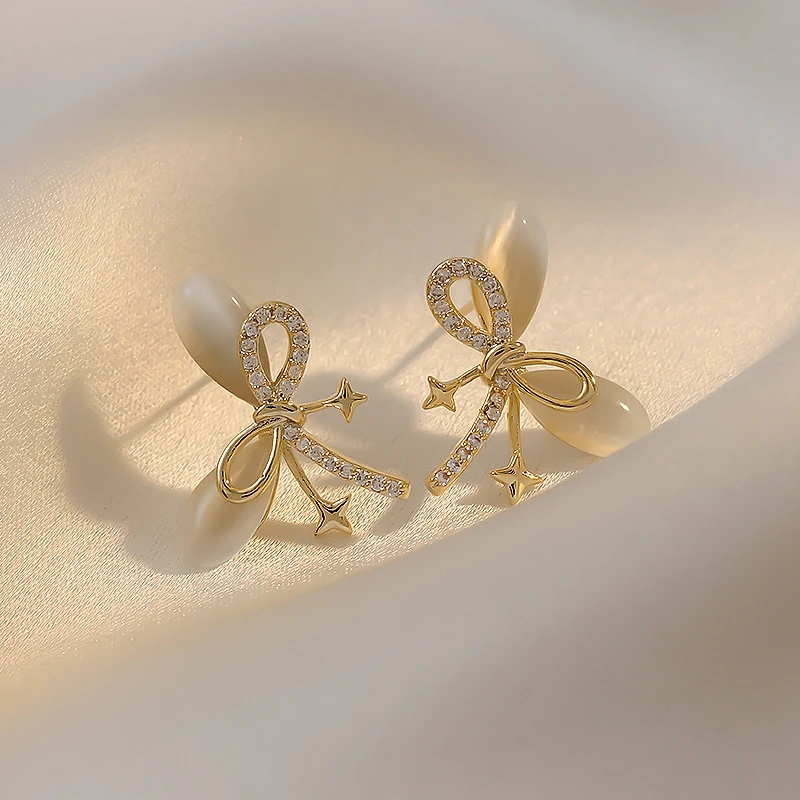 

MENGJIQIAO Korean Delicate Cute Opal Bowknot Stud Earrings For Women Ladies Micro Pave Zircon Star Brincos Jewelry Gifts