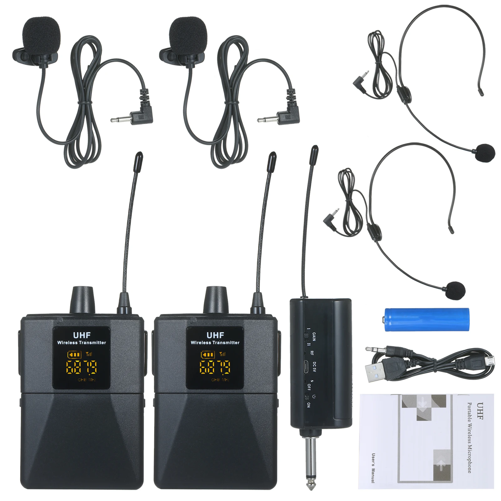 

Portable UHF Microphone Set with 1 Receiver 2 Transmitter 2 Lavalier Mic 2 Headset Rechargeable Receiver Frequency Modulation