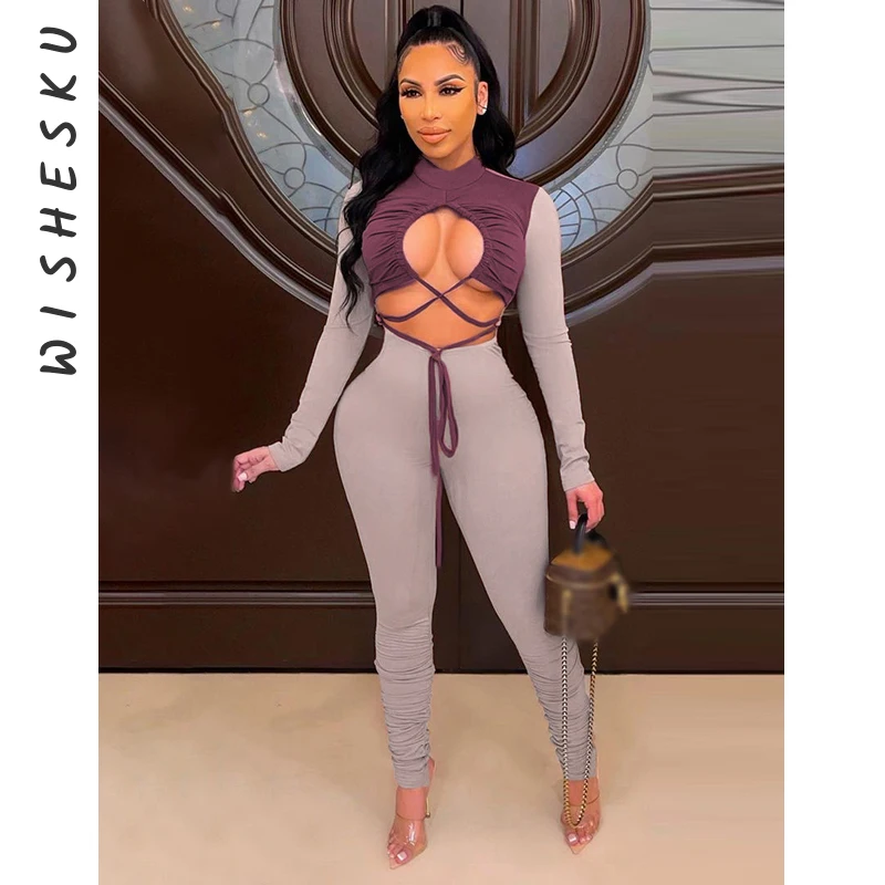 

Women Turtleneck Cut Out Lace Up Jumpsuits Color Blocking Patchwork Stacked Pants Rompers 2021 Fall Harajuku Casual Outfits